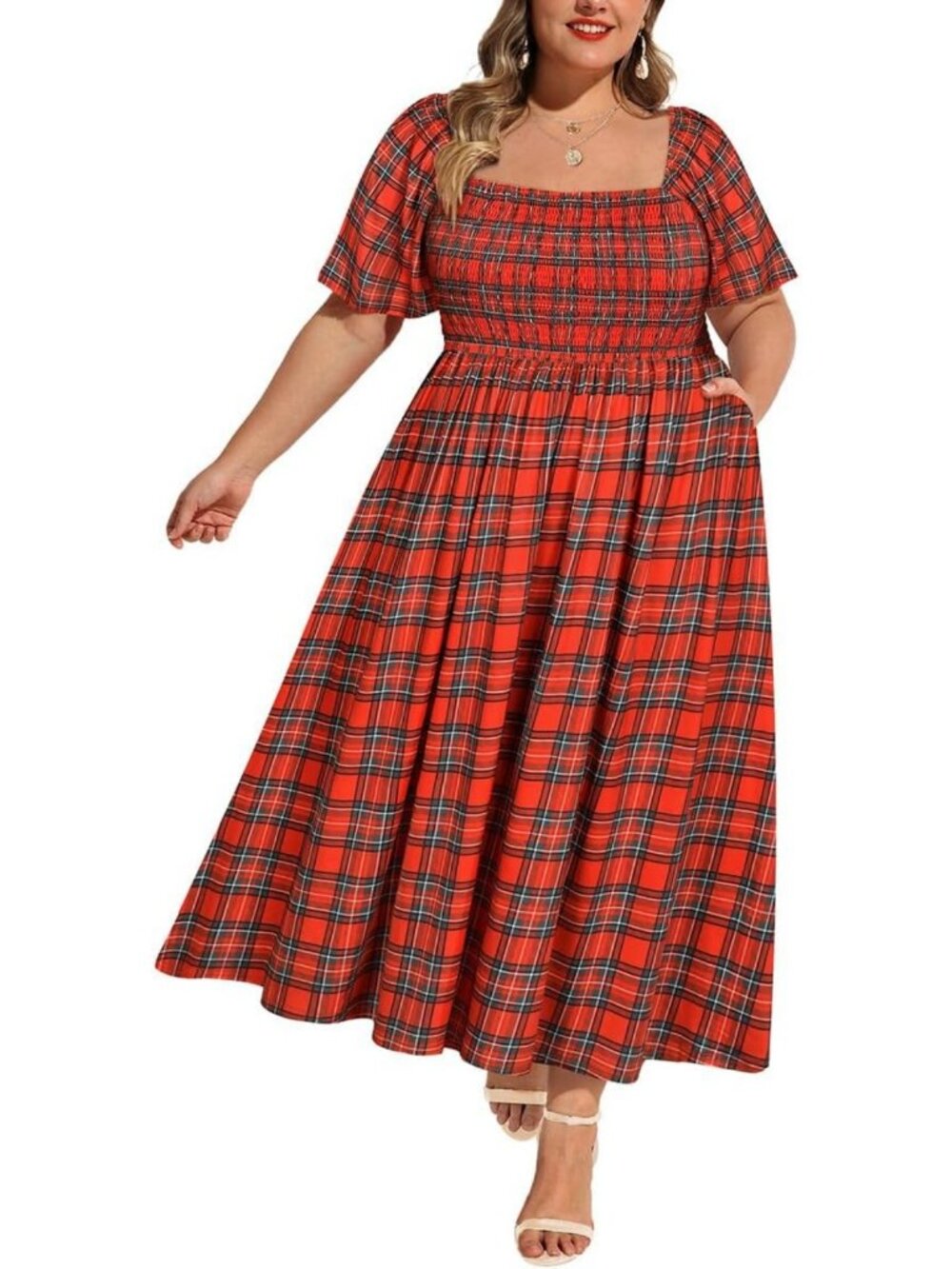 Plus Size Floral Maxi Dress for Curvy Women - Square Neck, Short Sleeve, Pocket